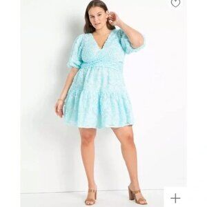 NWT ELOQUII Sheer Floral Wrap Mini Dress in Iced Aqua Blue Plus Size 22